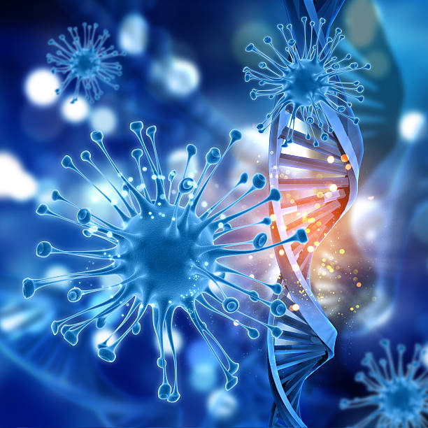 istock 3D medical background with virus cells and DNA strands 614864386