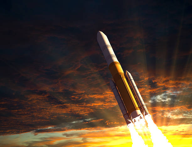 istock Rocket Taking Off In The Rays Of The Sun 614864838