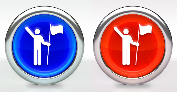 Man & Flag Icon on Button with Metallic Rim. The icon comes in two versions blue and red and has a shiny metallic rim. The buttons have a slight shadow and are on a white background. The modern look of the buttons is very clean and will work perfectly for websites and mobile aps.