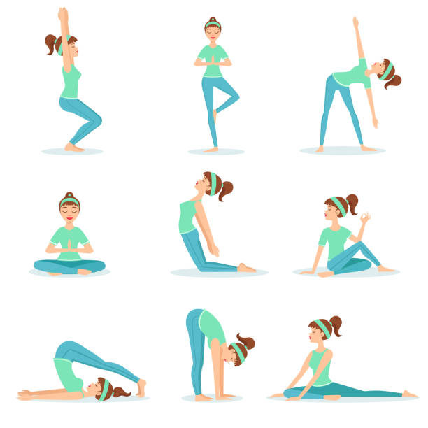 mädchen in blauen trainingskleidung demonstration yoga asana - white background yoga exercising women stock-grafiken, -clipart, -cartoons und -symbole