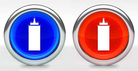 Ketchup Icon on Button with Metallic Rim. The icon comes in two versions blue and red and has a shiny metallic rim. The buttons have a slight shadow and are on a white background. The modern look of the buttons is very clean and will work perfectly for websites and mobile aps.