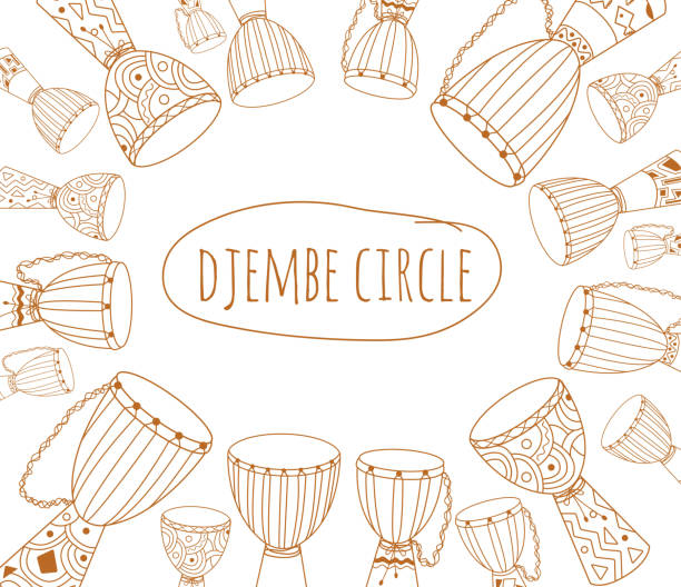 djembe kreis doodle flyer design - drumhead stock-grafiken, -clipart, -cartoons und -symbole