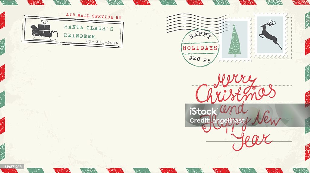 Christmas and New Year Postcard Wish Postcard with Christmas and New Year Wish, Postage Stamps and elements. Vector Illustration.EPS10, Ai10, PDF, High-Res JPEG included. Christmas stock vector