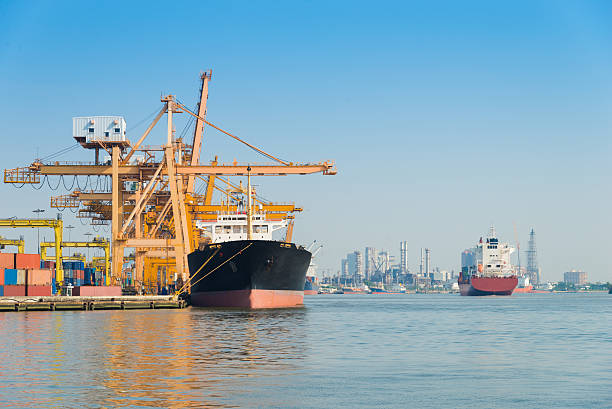 istock Industrial port and Container ship logistic the harbor in Asia , 614871552