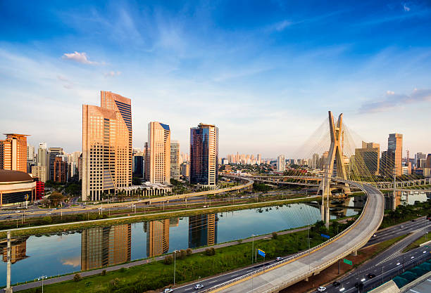 berühmten cable wohnten brücke in sao paulo city.   - schrägseilbrücke stock-fotos und bilder