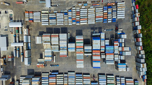 istock Aerial view of cargo containers piled together. 614872638