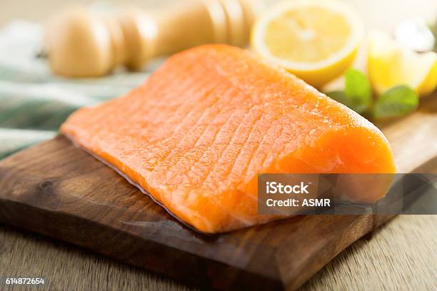 Salmon Fish Steck On The Cutting Board Stock Photo - Download Image Now - Salmon - Animal, Fillet, Animals In The Wild