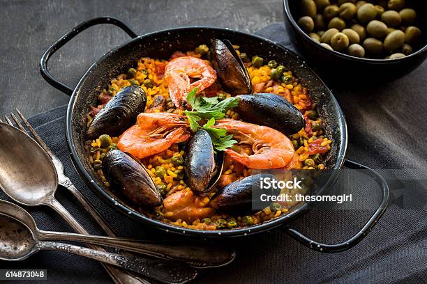 Paella On A Table Stock Photo - Download Image Now - Paella, Food, Seafood