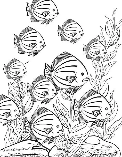 Vector illustration of Underwater School Of Fish Adult Coloring Book Page