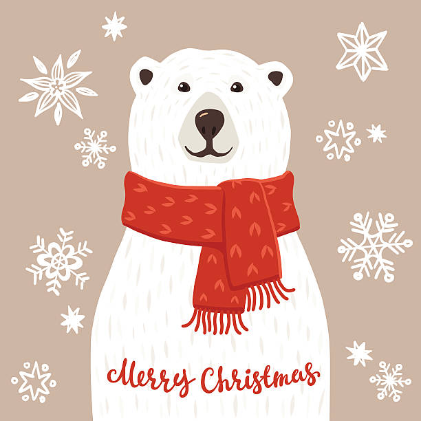 Polar Bear with Merry Christmas inscription Winter greeting card of a cute hand drawn polar bear with calligraphy phrases. Christmas background with smiling cartoon character.  polar bear stock illustrations