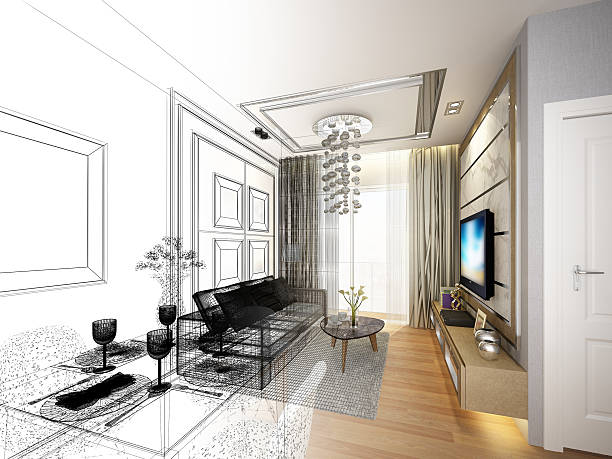 istock sketch design of living ,3dwire frame render 614874932