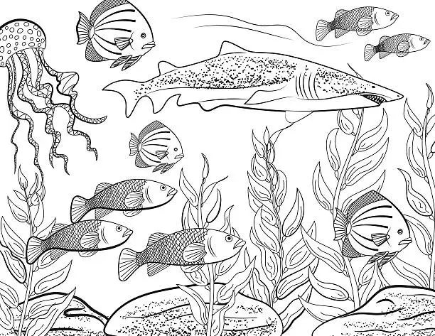 Vector illustration of Underwater School Of Fish Adult Coloring Book Page