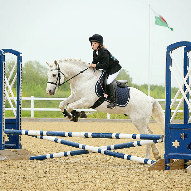 young girl show salto sul suo pony - horse child pony little girls foto e immagini stock