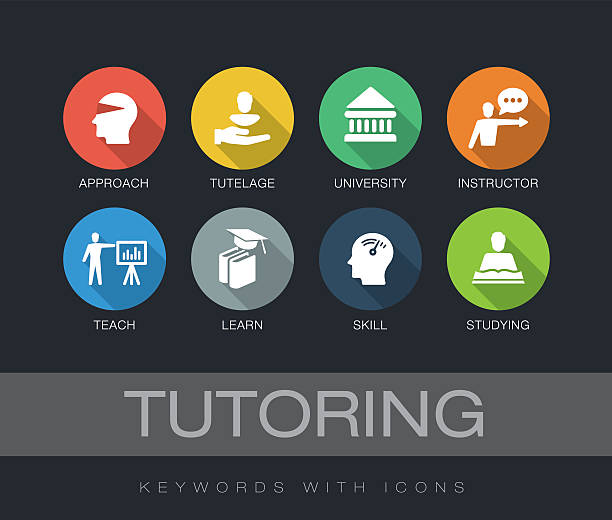 illustrazioni stock, clip art, cartoni animati e icone di tendenza di tutoraggio di parole chiave con icone - wisdom university single word student