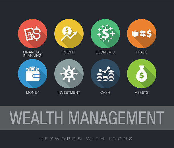 ilustraciones, imágenes clip art, dibujos animados e iconos de stock de palabras clave de wealth management con iconos - wealthy