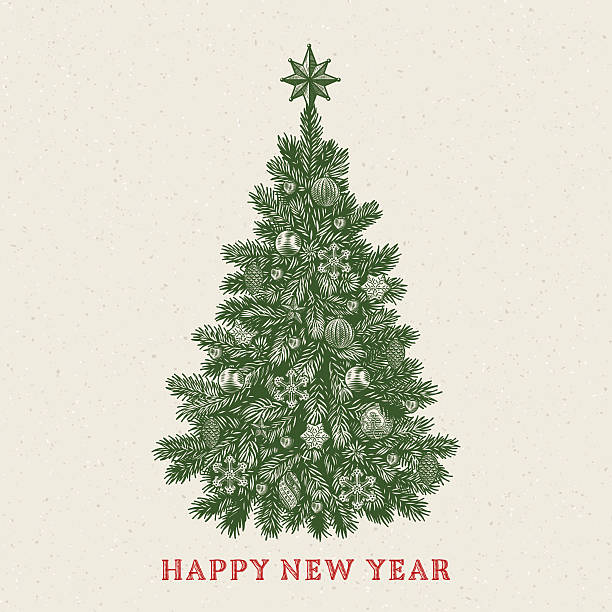 Retro styled greeting card of detailed Christmas tree with inscription. Vector illustration.