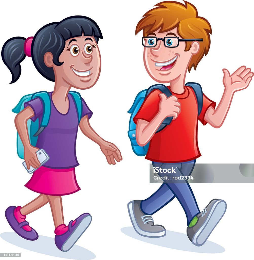 предподростковый Школьники Гуляют С Рюкзаками — стоковая векторная графика и другие изображения на тему Предподростковый возраст - Предподростковый возраст, Беспроводная технология, Векторная графика - iStock