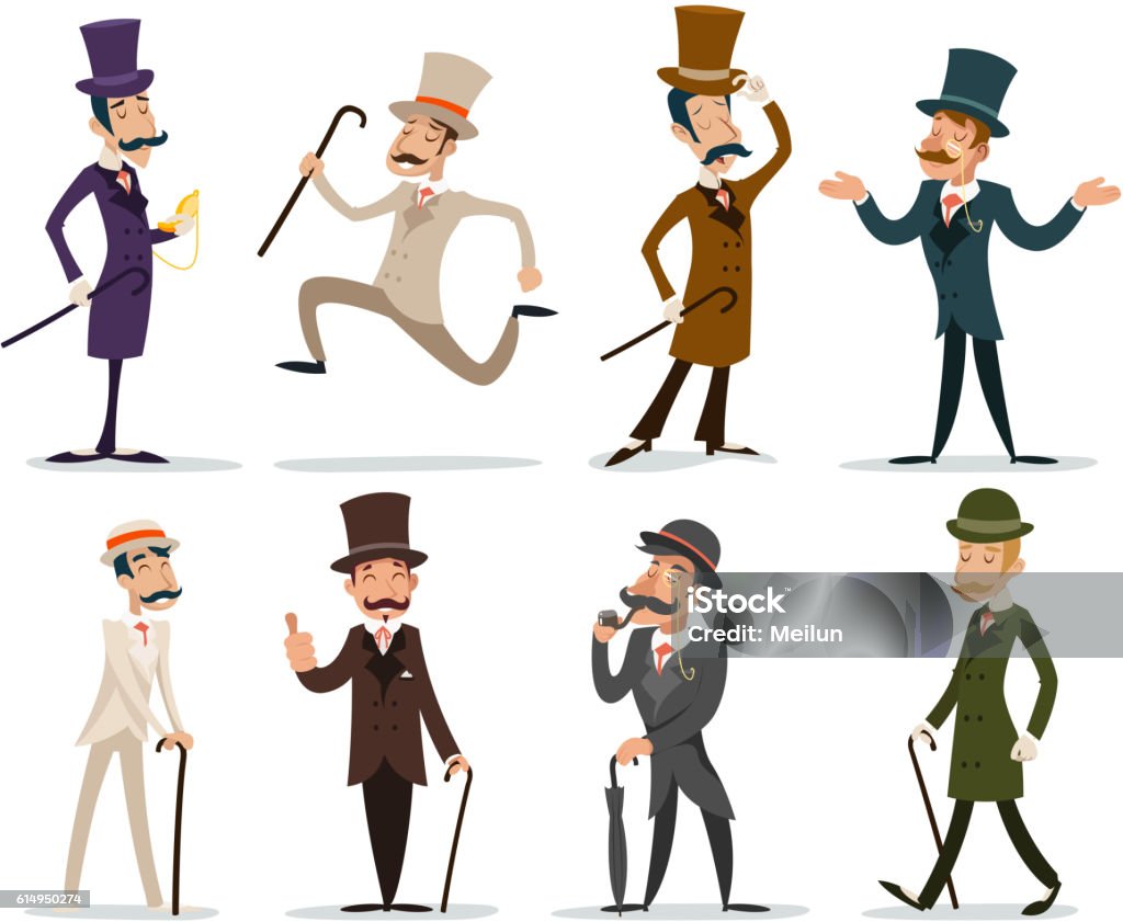 Gentleman Viktorianischen Business Cartoon Charakter Icon Set Englisch isoliert Hintergrund - Lizenzfrei Männer Vektorgrafik