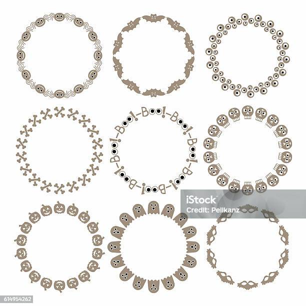 Beige Halloween Circle Border Pattern Emblems Set On White Stock Illustration - Download Image Now