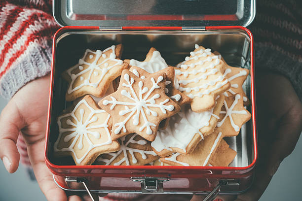 biscoitos de natal em uma lancheira de crianças metálicas - box cake food lunch - fotografias e filmes do acervo