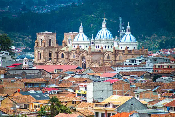 View of the Cuenca Cathedral, in middle of the city, on a overcast day