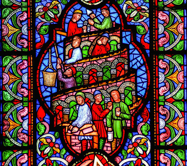 tower of babel stained glass window - toren van babel stockfoto's en -beelden