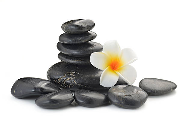 istock zen basalt stones and  Frangipani 614960122
