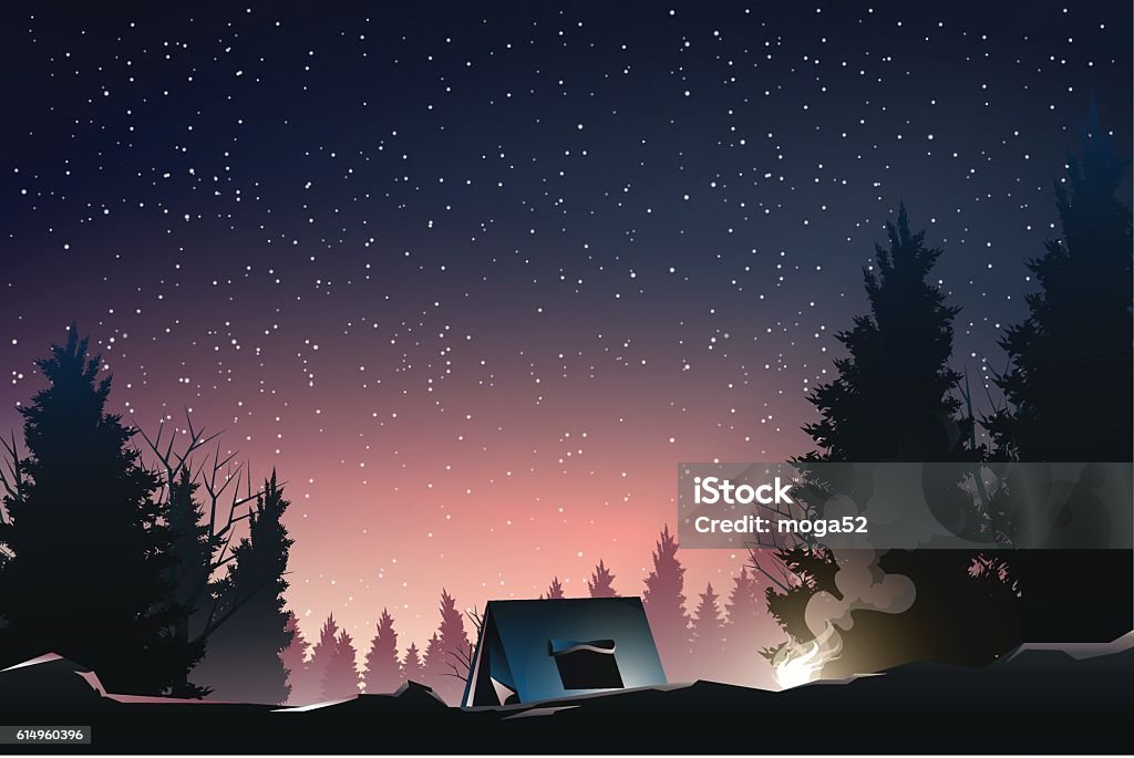 夕暮れ時に松林でキャンプ - キャンプするのロイヤリティフリーベクトルアート
