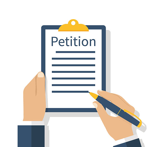 Petition concept, vector Petition concept. Businessman holding clipboard in hand writes petition. Isolated icon on white background. Vector illustration flat design. petition stock illustrations