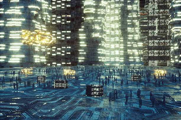 istock Futuristic cityscape with people 614961216