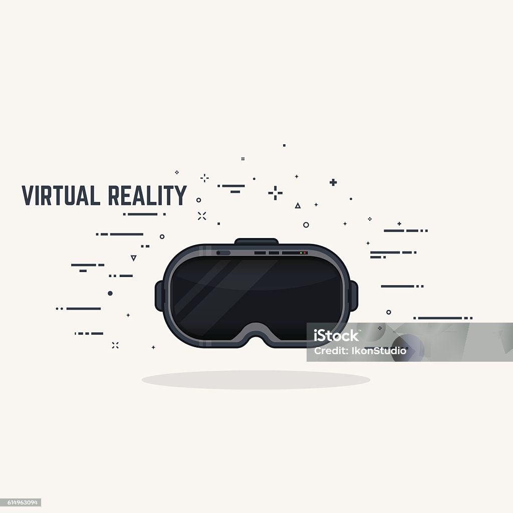 Virtual reality headset Virtual reality headset display. Thick lines and flat style illustration. Black glossy VR head display with lights and switch. Virtual Reality Simulator stock vector