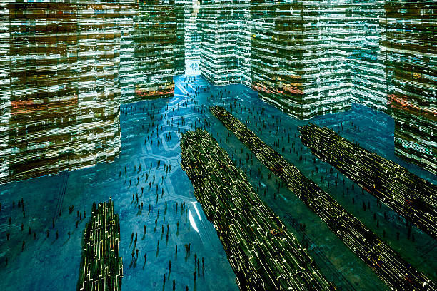 istock Futuristic cityscape with people 614963156