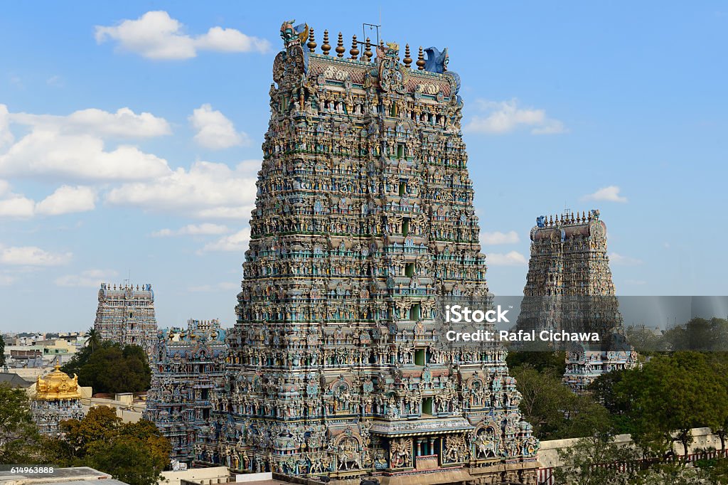 Madurai temple Meenakshi  Sundareswarar Temple in Madurai. Tamil Nadu, India. It is a twin temple, one of which is dedicated to Meenakshi, and the other to Lord Sundareswarar Madurai Stock Photo