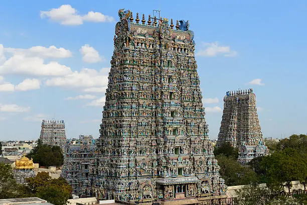 Meenakshi  Sundareswarar Temple in Madurai. Tamil Nadu, India. It is a twin temple, one of which is dedicated to Meenakshi, and the other to Lord Sundareswarar