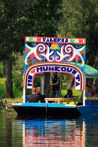 Trajineras Mexico City, Mexico - Oct 5, 2016: Colorful trajineras or boats full of tourists take a tour on Lake Xochimilco channels. UNESCO World Heritage Site in Mexico City. trajinera stock pictures, royalty-free photos & images
