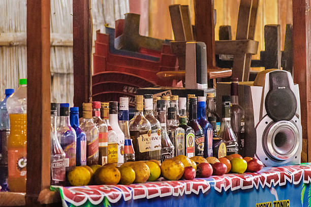 Alcoholic Drinks Montanita Ecuador Montanita, Ecuador - October 23, 2015: Close up view of drinks bottles at street store in Montanita, the most famous watering place in Ecuador montanita ecuador stock pictures, royalty-free photos & images