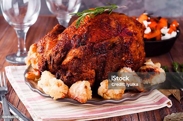 Thanksgiving Dinner With Chicken Stock Photo - Download Image Now - Autumn, Baked, Celebration