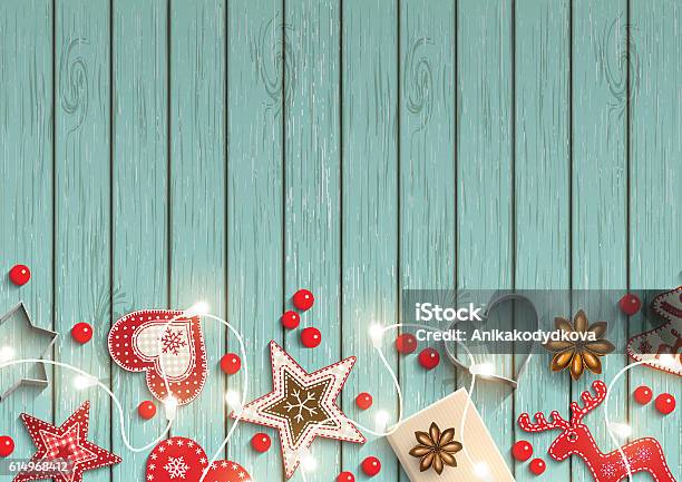 Fond De Noël Petites Décorations De Style Scandinave Sur Du Bois Bleu Vecteurs libres de droits et plus d'images vectorielles de Noël