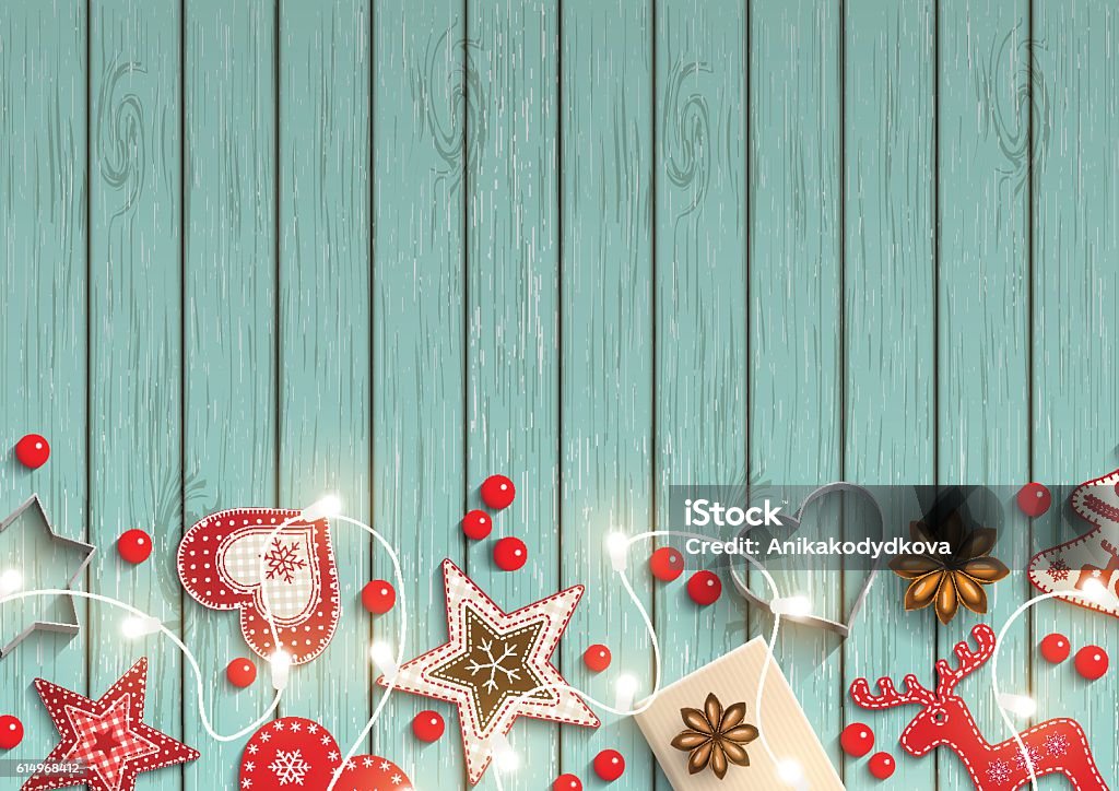 Christmas background, small scandinavian styled decorations lying on blue wooden Christmas background, small scandinavian styled red decorations iluminated by electric decorative lights lying on blue wooden desk, inspired by flat lay style, vector illustration, eps 10 with transparency Christmas stock vector