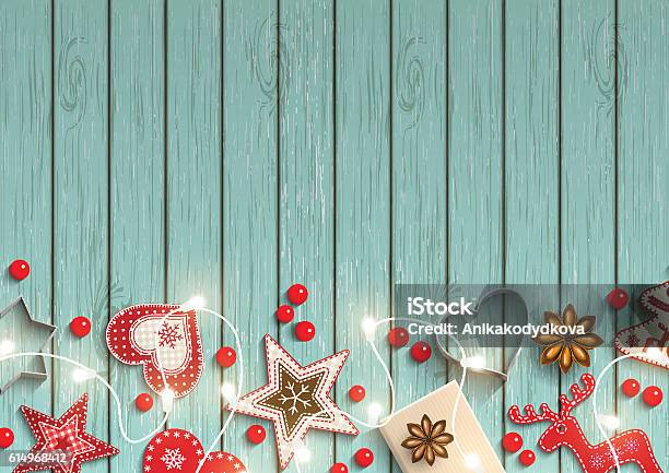 Christmas Background Small Scandinavian Styled Decorations Lying On Blue Wooden Stock Illustration - Download Image Now