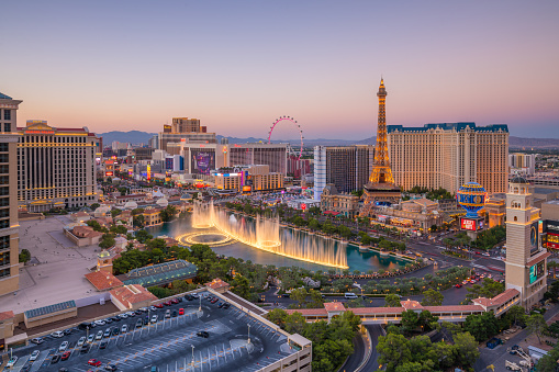 Las Vegas, Nevada, USA - April 8, 2023: Fountain performance at the famous Bellagio Hotel, located along the Las Vegas Strip.