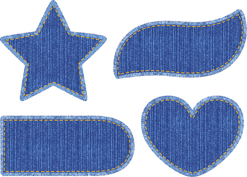 Set of bluedenim patches with stitch. Different shapes with place for your text isolated on white background