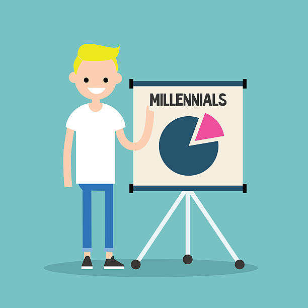 Young blond boy pointing on the flip chart Young blond boy pointing on the flip chart with the infographics about millennials / flat editable vector illustration skin tone chart stock illustrations