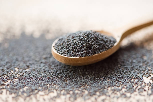 Wooden spoon with poppy seeds, close-up