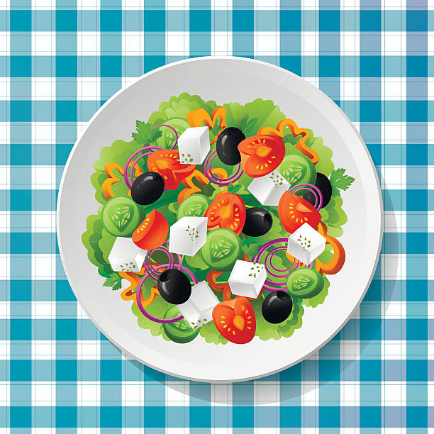 illustrazioni stock, clip art, cartoni animati e icone di tendenza di illustrazione vettoriale di formaggio feta fresco di insalata di verdure greche - greek culture salad olive feta cheese