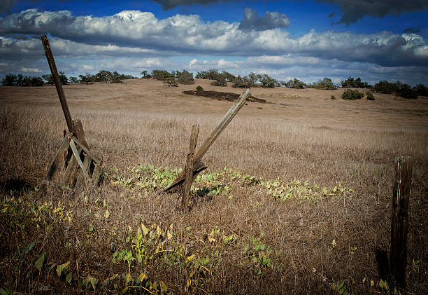 velha cerca de madeira na pradaria centro-oeste azul azul paisagem dramática - grass area field hill prairie - fotografias e filmes do acervo