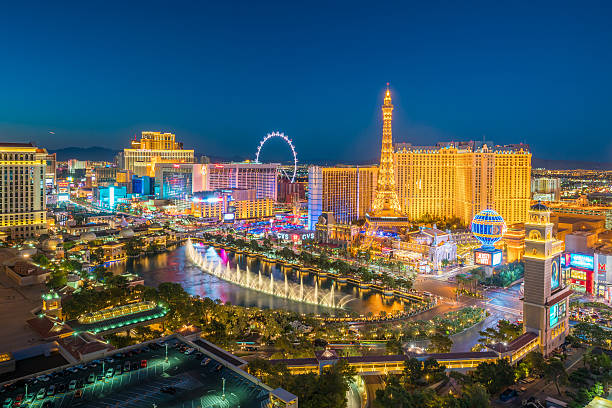 Aerial view of Las Vegas strip in Nevada LAS VEGAS, USA - JULY 14 : World famous Vegas Strip in Las Vegas, Nevada as seen at night on July 14, 2016 in Las Vegas, USA las vegas stock pictures, royalty-free photos & images