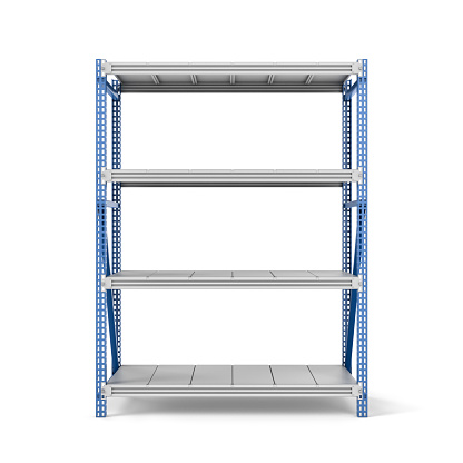 3d rendering of a metal rack with four shelves, isolated on a white background. Steel Furniture. Shelving units. Open storage system. Keeping and storing stuff.