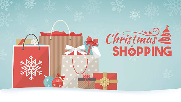 illustrazioni stock, clip art, cartoni animati e icone di tendenza di regali di natale e borse della spesa - christmas shopping