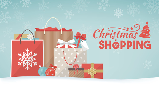 Colorful christmas gifts, shopping bags and decorations on the snow, xmas shopping concept banner